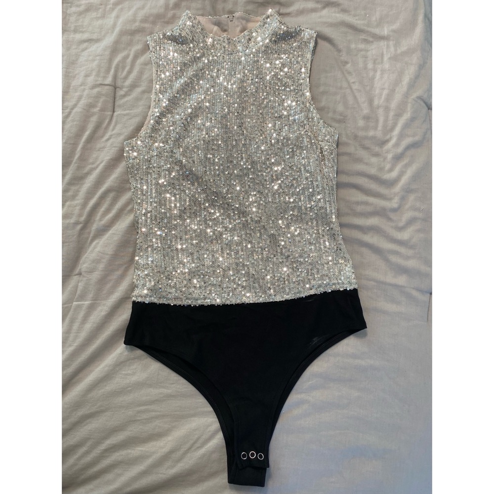 7 for all mankind sequin bodysuit silver shiny tank size M